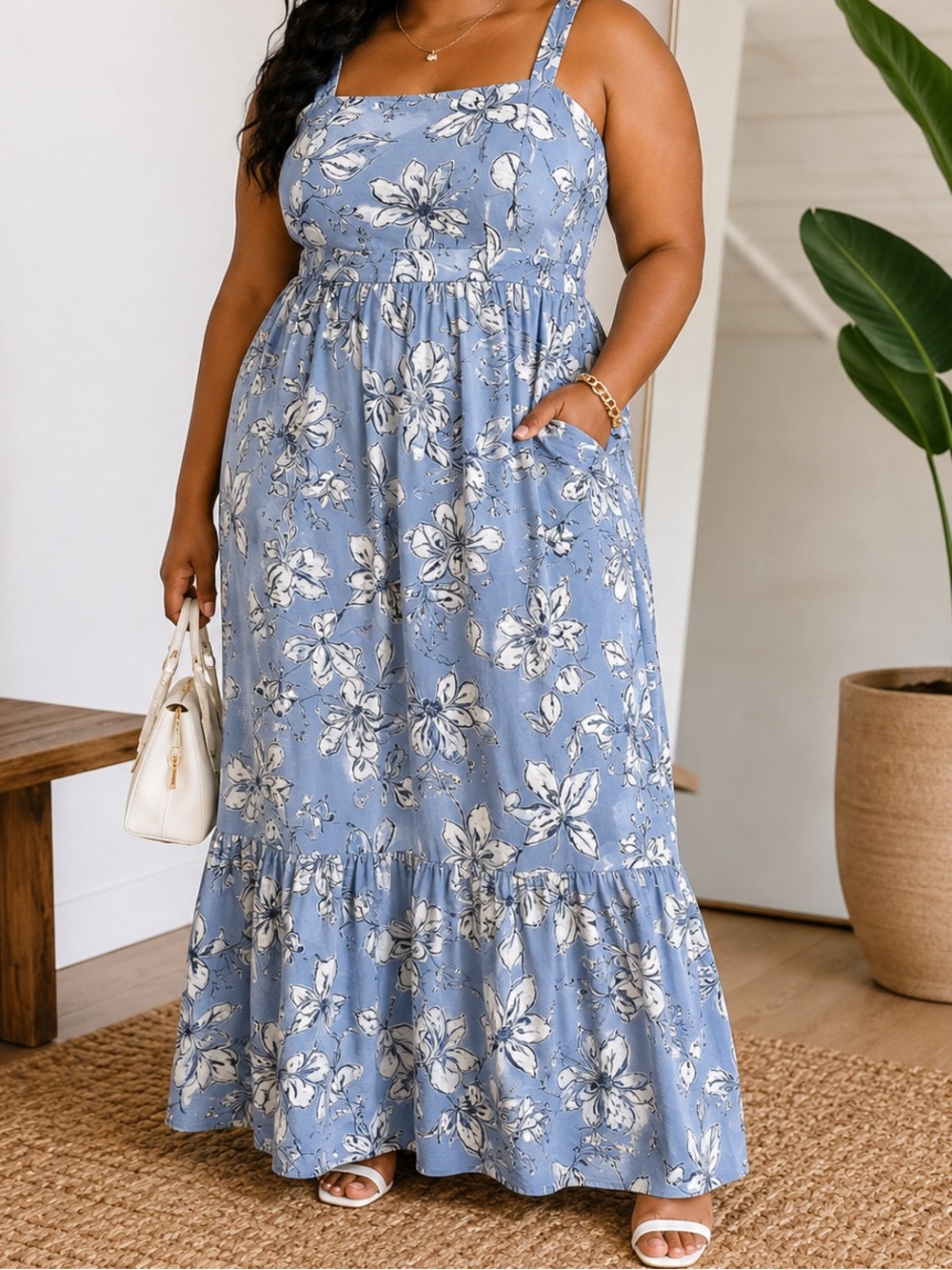 Blue Floral Midi Dress with Ivory Print